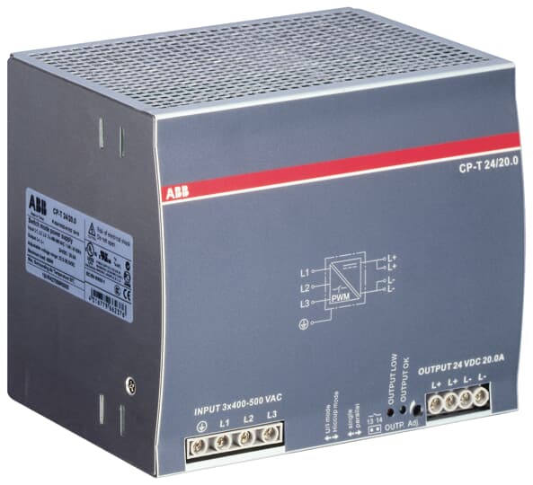 ABB Electrification Switching Power Supply; CP-T 24/20.0; 24VDC OUT; 480W; 340-575VAC / 480-820VDC IN; 3-Phase; DIN Rail Mount